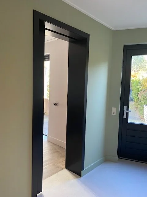 Zwarte binnendeur met glas voor een groengrijze wand